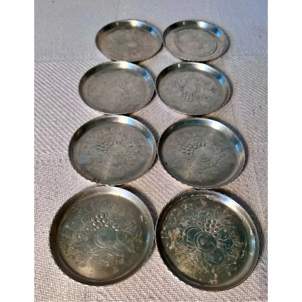 8 Vintage Metal Aluminum Forged Coasters Fruit Flower Pattern Scallop Edge Retro